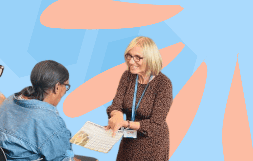 A picture of a woman who is a teacher show a picture to learner and encourage to make a donation.