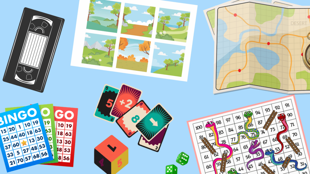 Background of a games, card, VHS tape, map, snake and ladders, and card games as well picture sequencing.