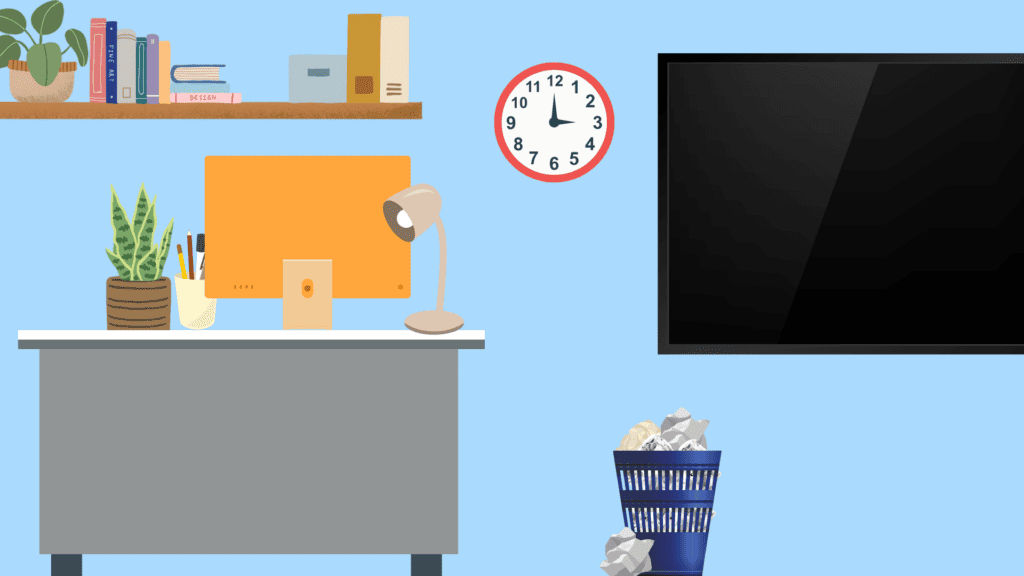 Background of classroom with desk and smartboard on background.