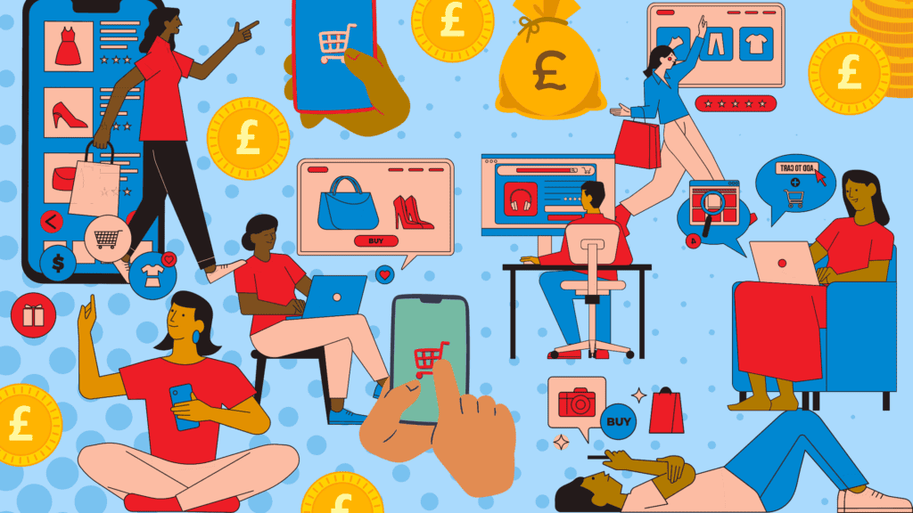 An illustration depicting various people engaging in online shopping activities using laptops, smartphones, and tablets. The background features icons related to e-commerce, such as shopping carts, bags, and currency symbols. The people are in different poses, some sitting, others standing, all interacting with devices displaying shopping apps and websites.