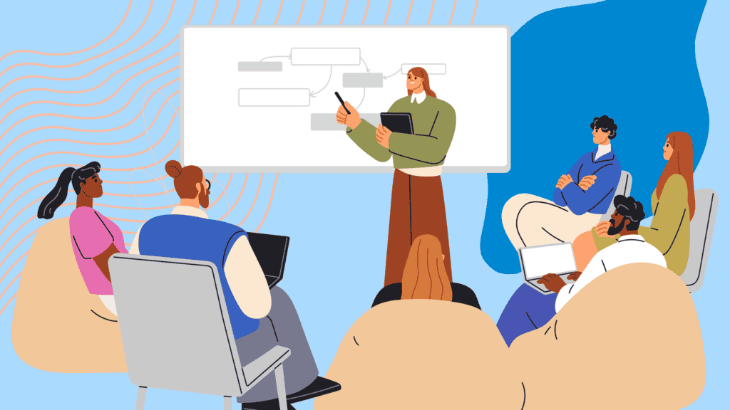 The illustration shows a diverse group of people gathered in a modern learning environment. They are seated in a semi-circle on a mix of chairs and bean bags, actively engaging in a presentation. At the front, a facilitator stands by a whiteboard with flowcharts, pointing and explaining concepts while holding a tablet. The participants are attentively listening, some taking notes on laptops. The background features dynamic, wavy lines in shades of blue, creating a vibrant, collaborative atmosphere. The scene effectively conveys a training or workshop session in an inclusive, relaxed setting.