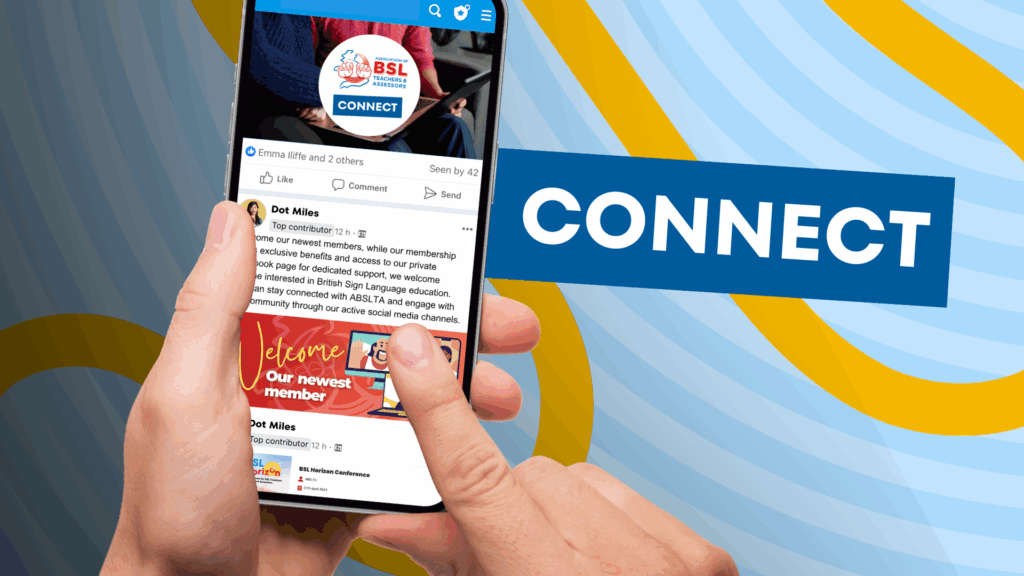 Mobile phone showing the ABSLTA Connect Facebook group, with 'Connect' in the background
