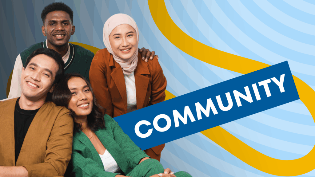 Four of diversity teachers gathered as a group with the 'Community' in the background