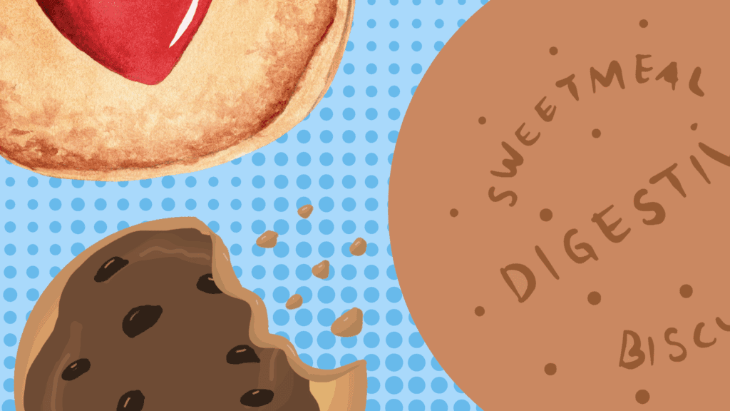 Three picture of biscuit up close with blue background